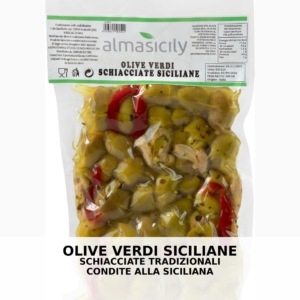 Olive nere condite del Belice con peperone rosso e aromi siciliani Almasicily