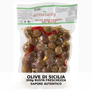 Olive nere condite del Belice con peperone rosso e aromi siciliani Almasicily